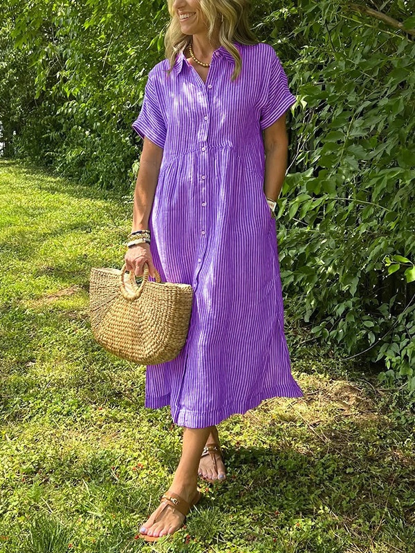 Loose Striped Short Sleeve Casual Cotton And Linen Dress Purple A - Shop at LoveMi
