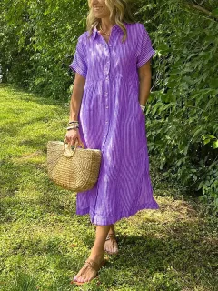 Loose Striped Short Sleeve Casual Cotton And Linen Dress - Purple A - View 1