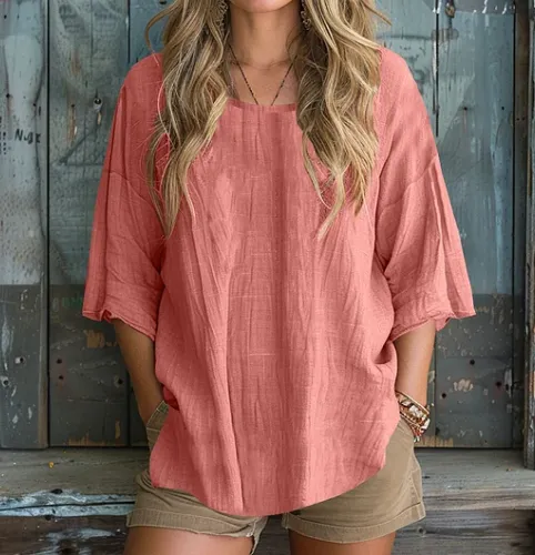 Solid Color Basic Cotton Linen T shirt Coral - Shop at LoveMi