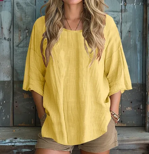 Solid Color Basic Cotton Linen T shirt Yellow - Shop at LoveMi