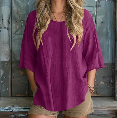 Solid Color Basic Cotton Linen T shirt Purple Red - Shop at LoveMi