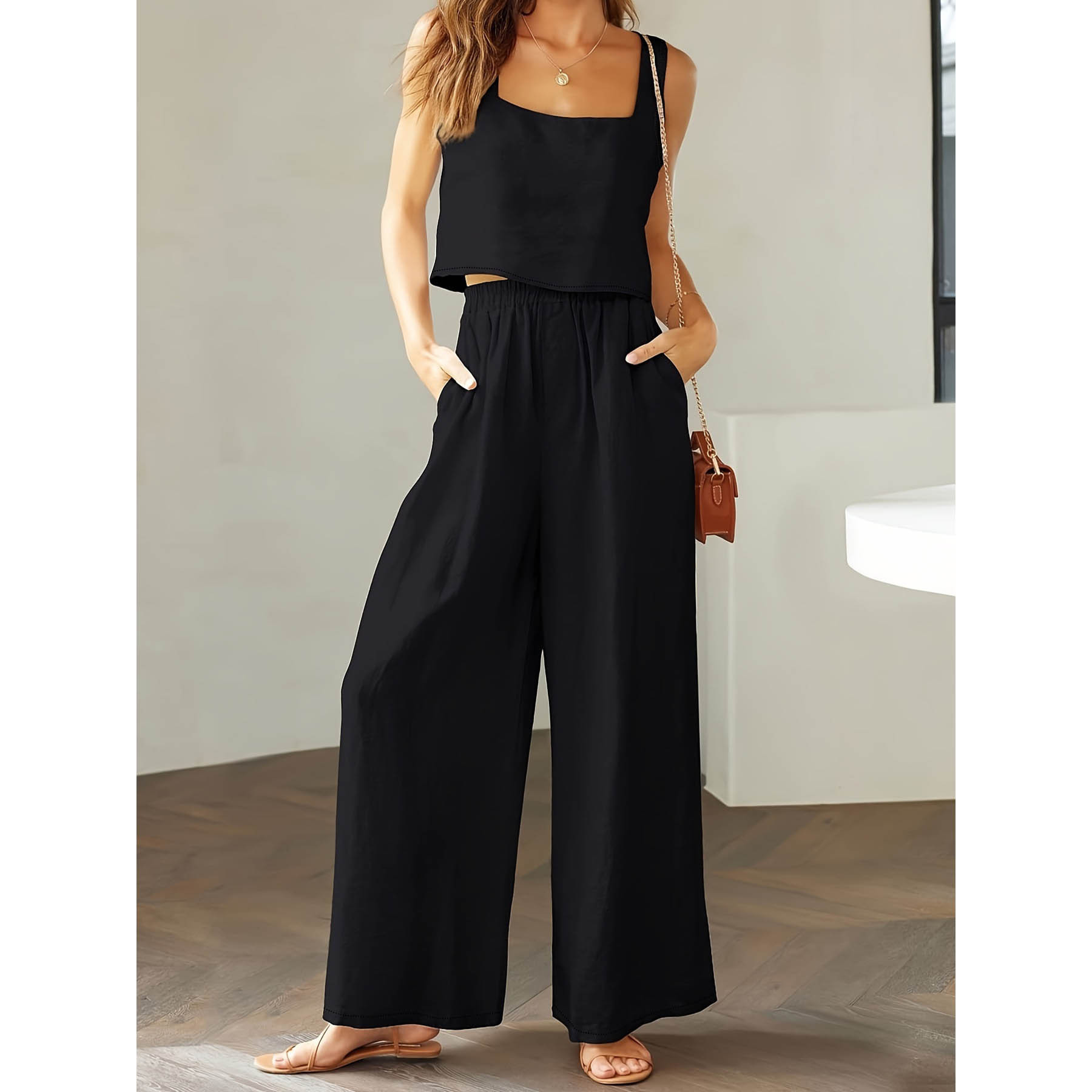 square collar camisole pants set in black