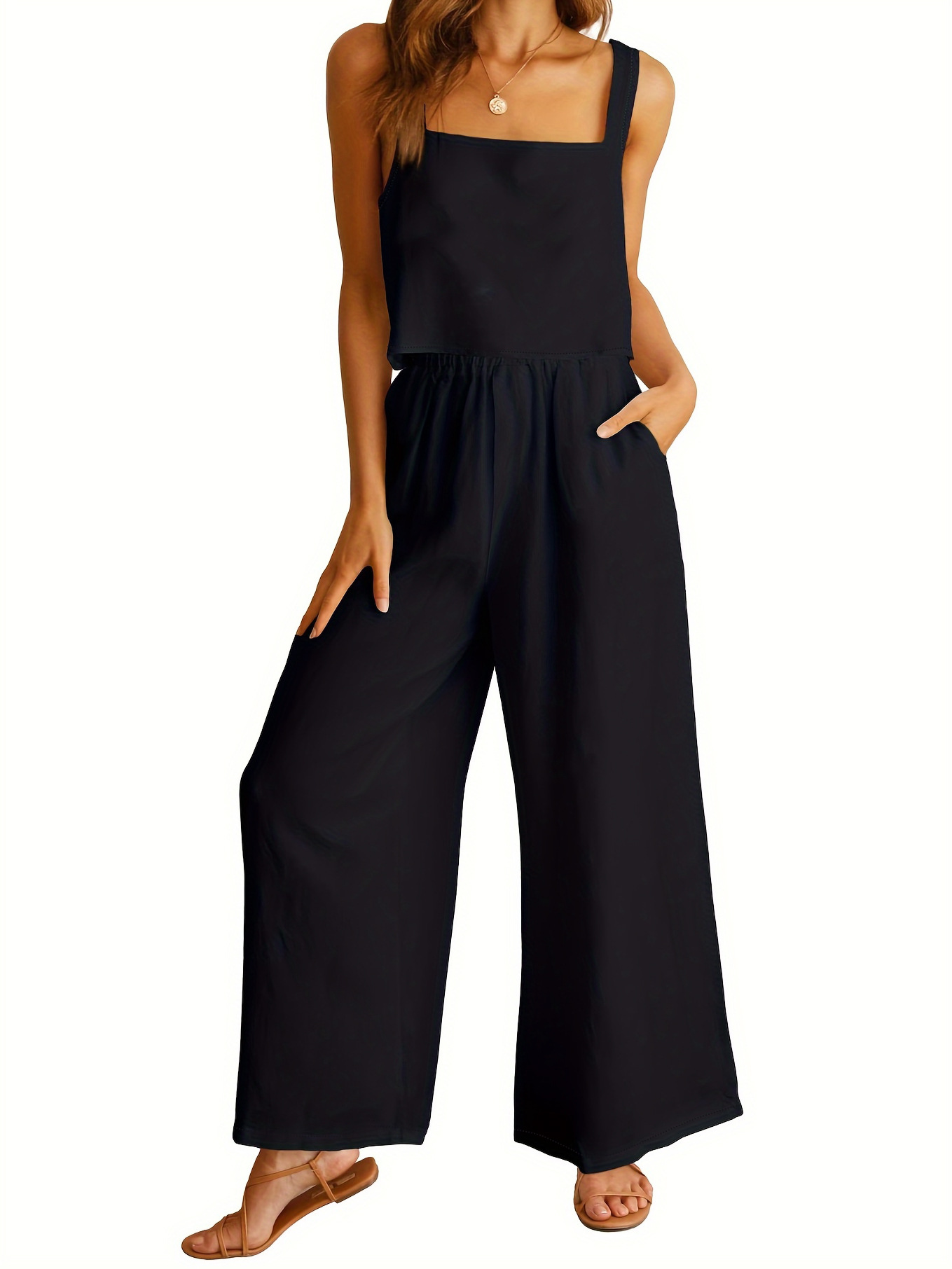 square collar camisole pants set in black