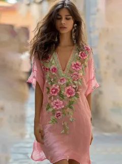 Bohemian Style Tie-dye Gradient V-neck Mini Dress - Pink - View 1