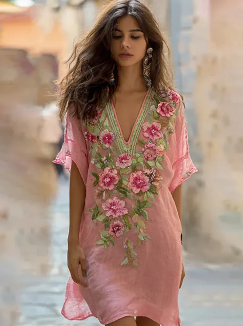 Bohemian Style Tie dye Gradient V neck Mini Dress Pink - Shop at LoveMi
