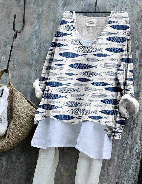 Women's Vintage Fish Art Pattern Linen Blend Flowy Blouse Beige - Shop at LoveMi