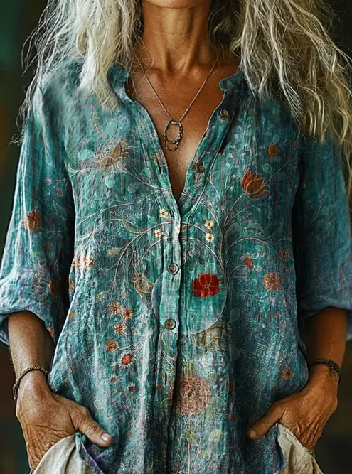 Women's Vintage Floral Print Casual Cotton And Linen Shirt Blue - Shop at LoveMi