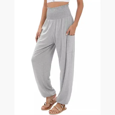 Elastic waist High Waist Wide leg Casual Trousers Light Grey - Shop at LoveMi