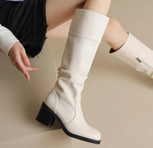 Thick Mid-heel High-top Below The Knee Women's Knight Warm Boots - White