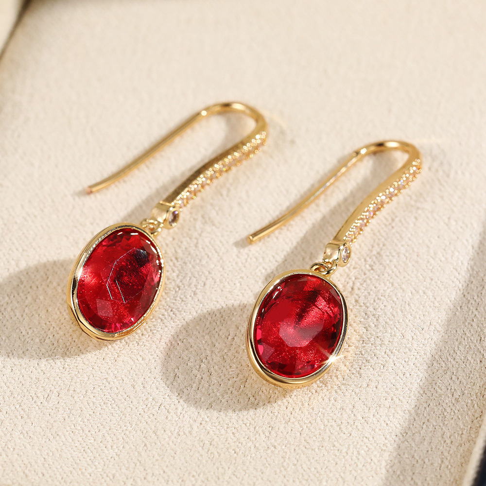 Japanese And Korean Simple Oval Red Zircon Earrings