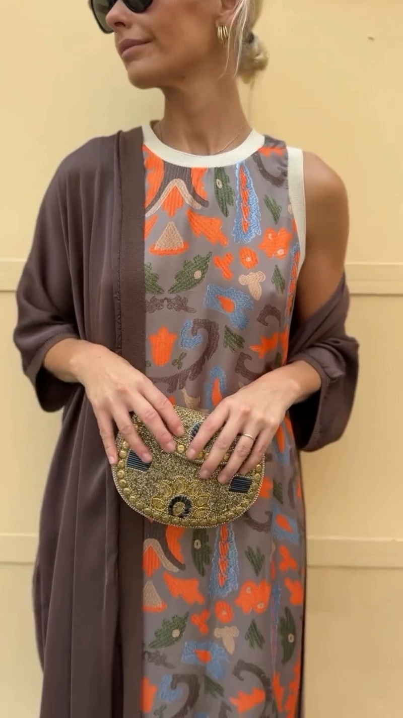 Elegant Printed Round Neck Dress Socialite Two-piece