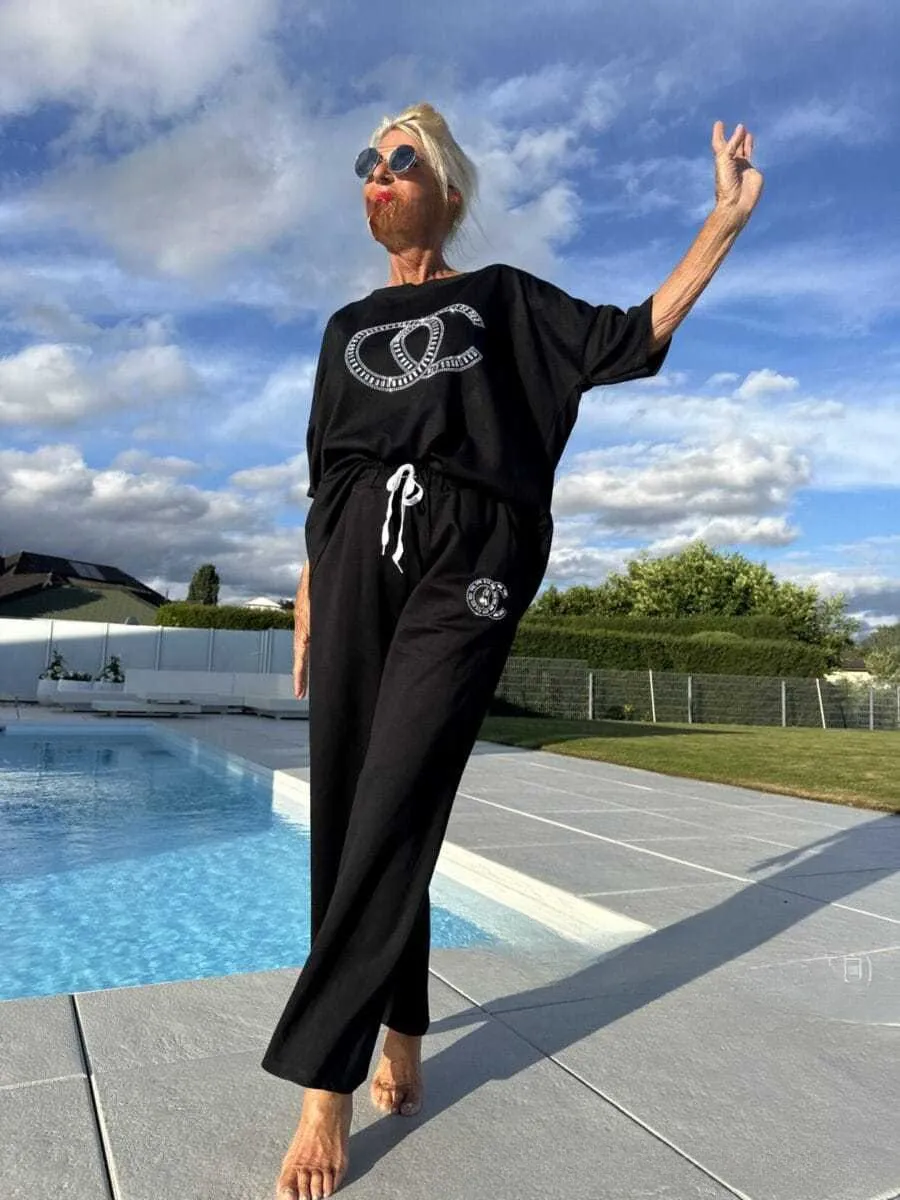New Women's Casual Fashion Tops Trousers Suit - Black