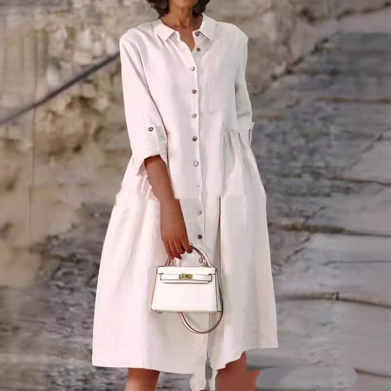 Pure Cotton And Linen Solid Color Loose Pocket Dress