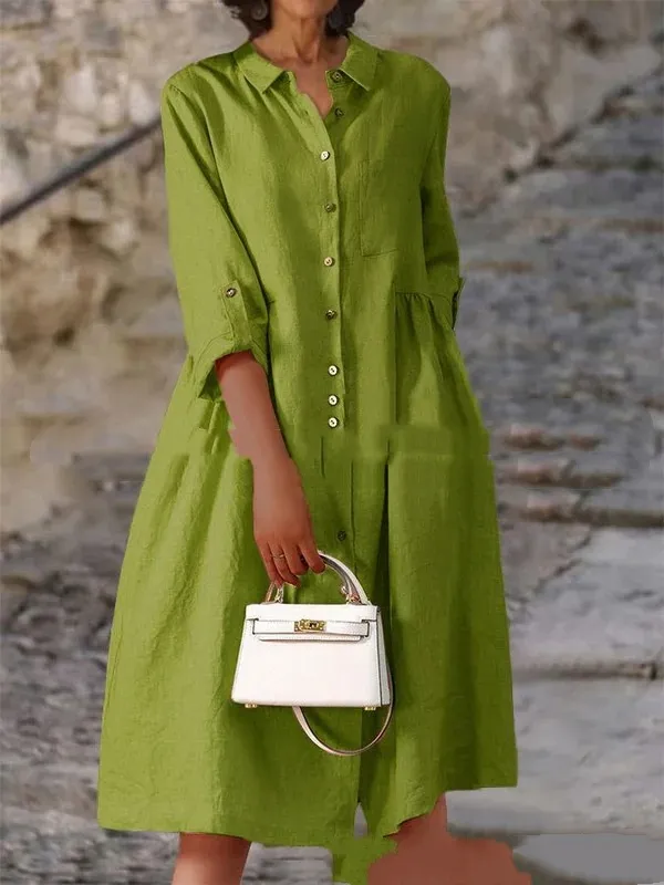 Pure Cotton And Linen Solid Color Loose Pocket Dress Green - Shop at LoveMi