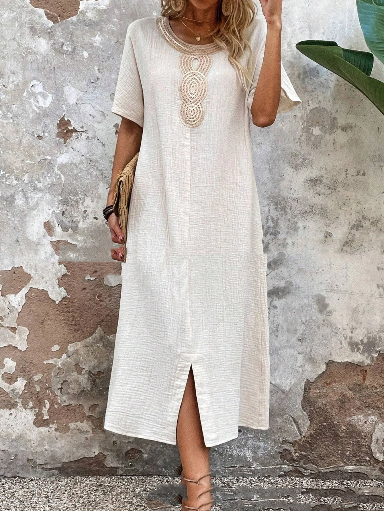 Round Neck Ruffled Short Sleeves Pure Cotton And Linen Slit Loose Dress White - Shop at LoveMi
