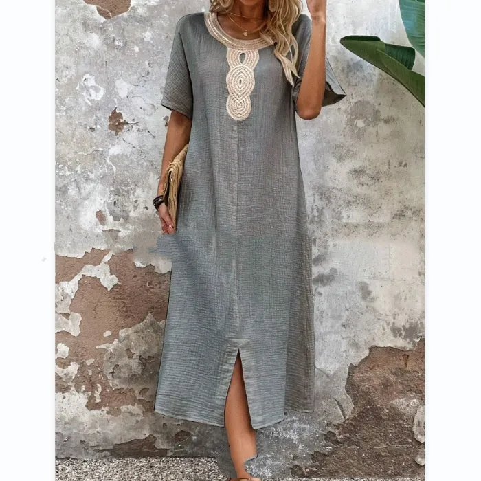 Round Neck Ruffled Short Sleeves Pure Cotton And Linen Slit Loose Dress - Gray