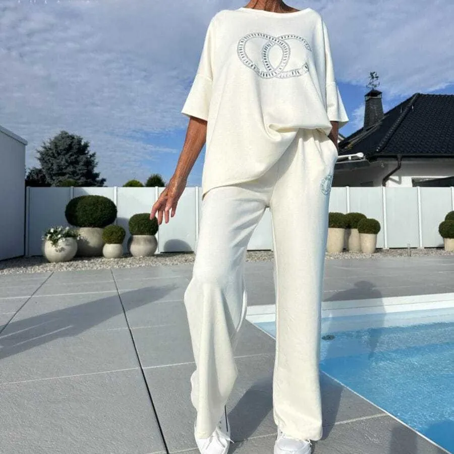 New Women's Casual Fashion Tops Trousers Suit - White