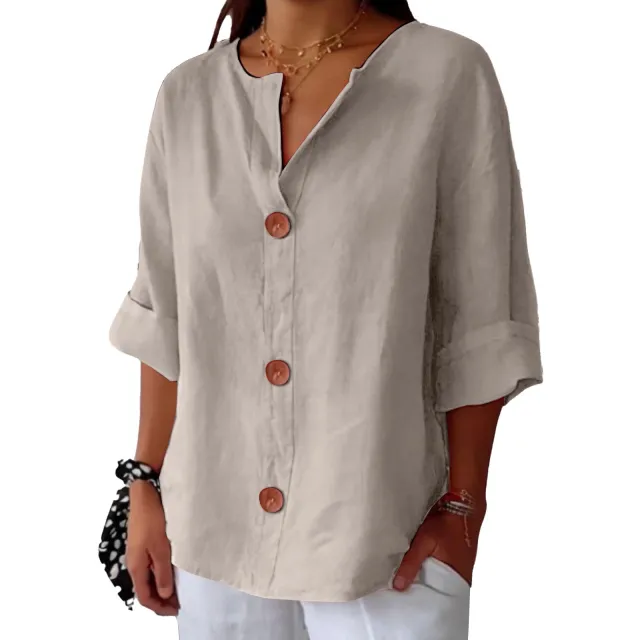 Loose T shirt Women's V neck Cotton And Linen Button Top Khaki - Shop at LoveMi