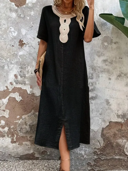 Round Neck Ruffled Short Sleeves Pure Cotton And Linen Slit Loose Dress Black - Shop at LoveMi