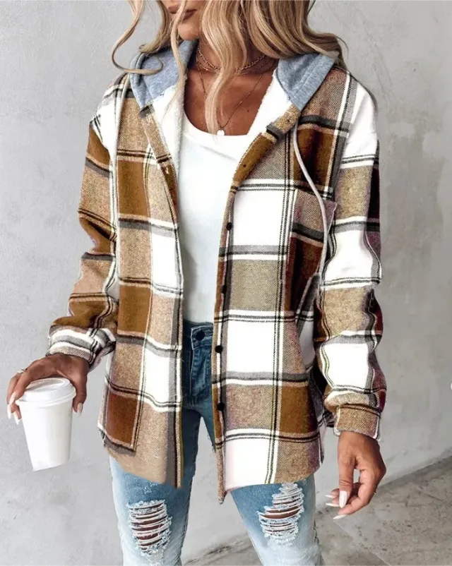 Plaid Hooded Jacket Fashion Casual Button Pocket Coat Autumn And Winter Women's Clothing Caramel Plaid7 2Xl - Shop at LoveMi