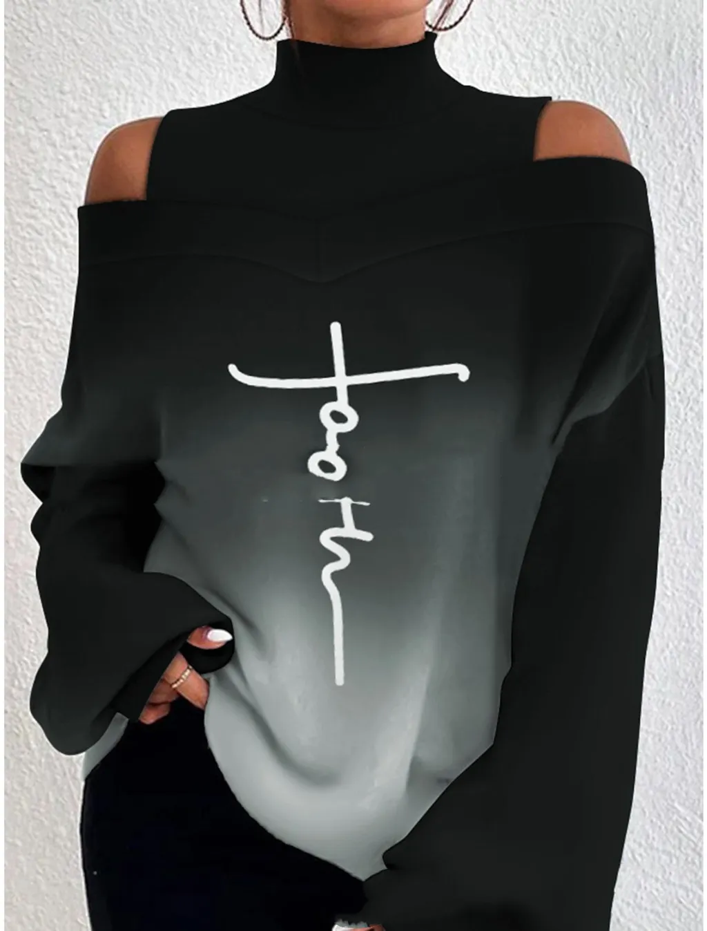 Turtleneck Off-the-shoulder Long Sleeve Printed Top - No 2 Color-M