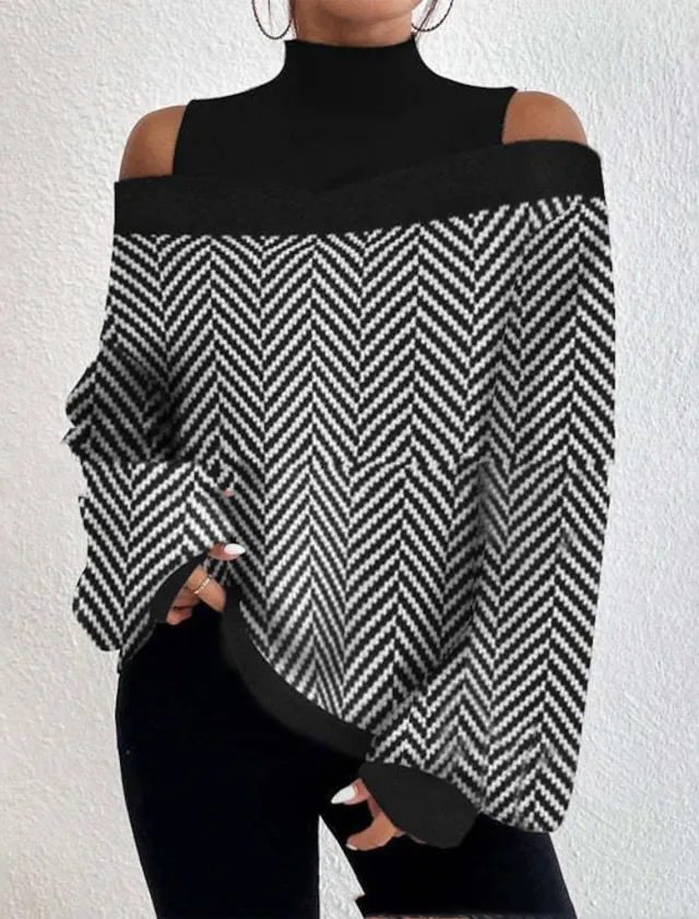 Turtleneck Off the shoulder Long Sleeve Printed Top No 11 Color S - Shop at LoveMi