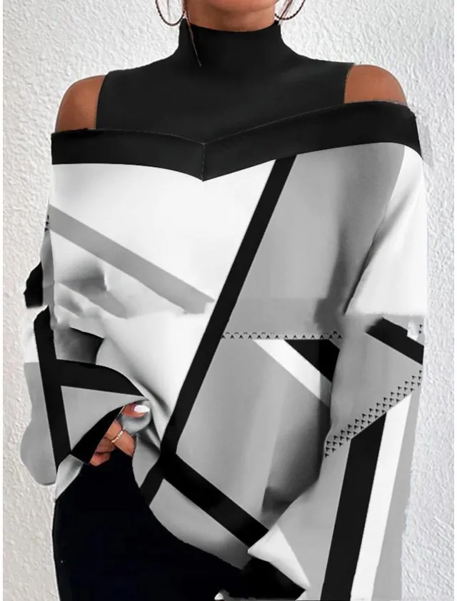 Turtleneck Off the shoulder Long Sleeve Printed Top No 3 Color L - Shop at LoveMi