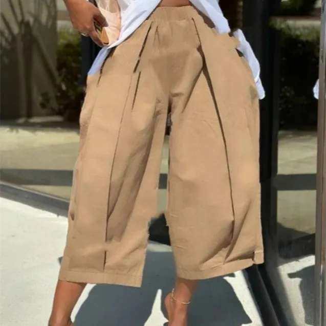 Cross-border European And American Foreign Trade New Solid Color Loose Comfort And Casual Elastic Waistband Slimming Cropped Wide-leg Pants For Wom...