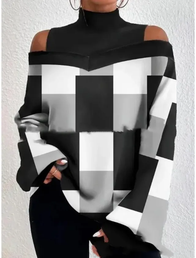 Turtleneck Off the shoulder Long Sleeve Printed Top No 6 Color - Shop at LoveMi
