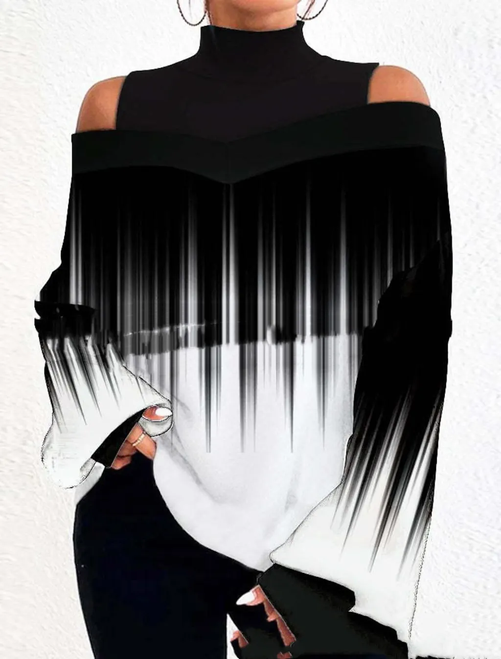 Turtleneck Off-the-shoulder Long Sleeve Printed Top - No 7 Colour-M