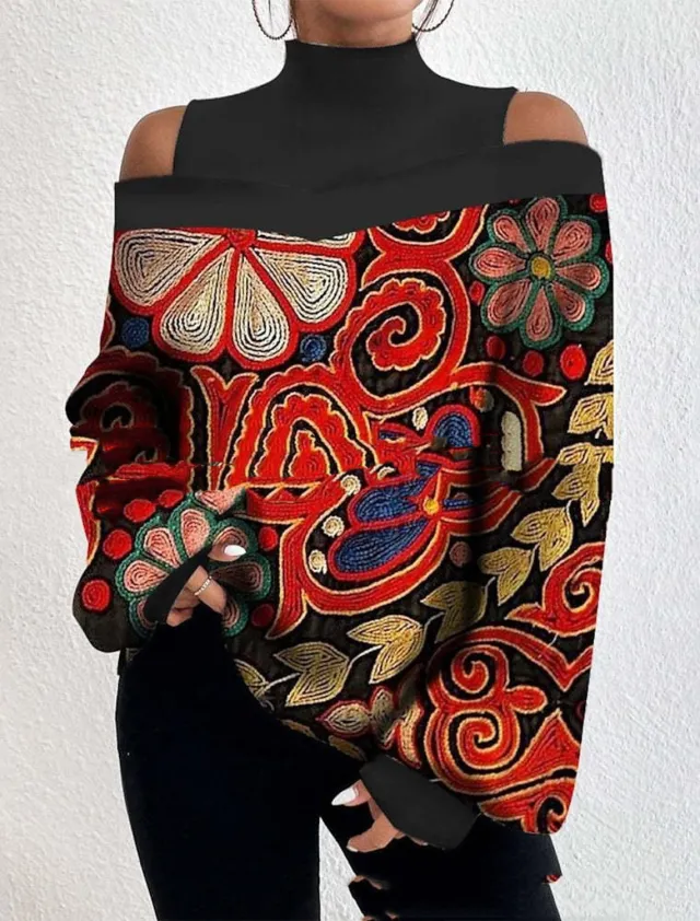 Turtleneck Off the shoulder Long Sleeve Printed Top No 8 Color S - Shop at LoveMi