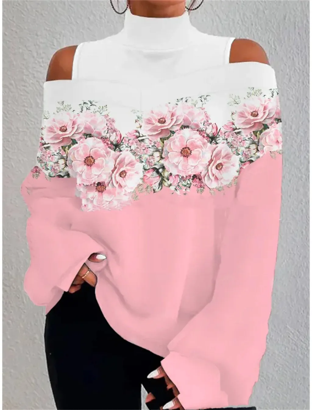 Turtleneck Off-the-shoulder Long Sleeve Printed Top - No 12 Color-Xxxl