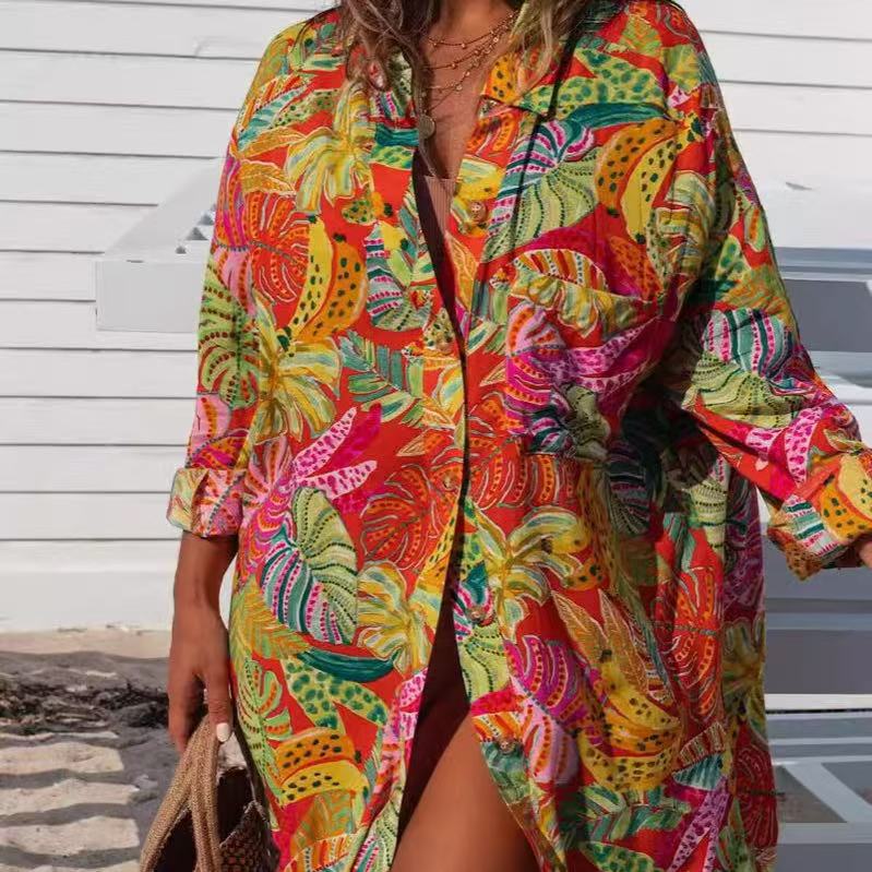 Women's Shirt Floral Long Sleeve Dress Two-way Wear