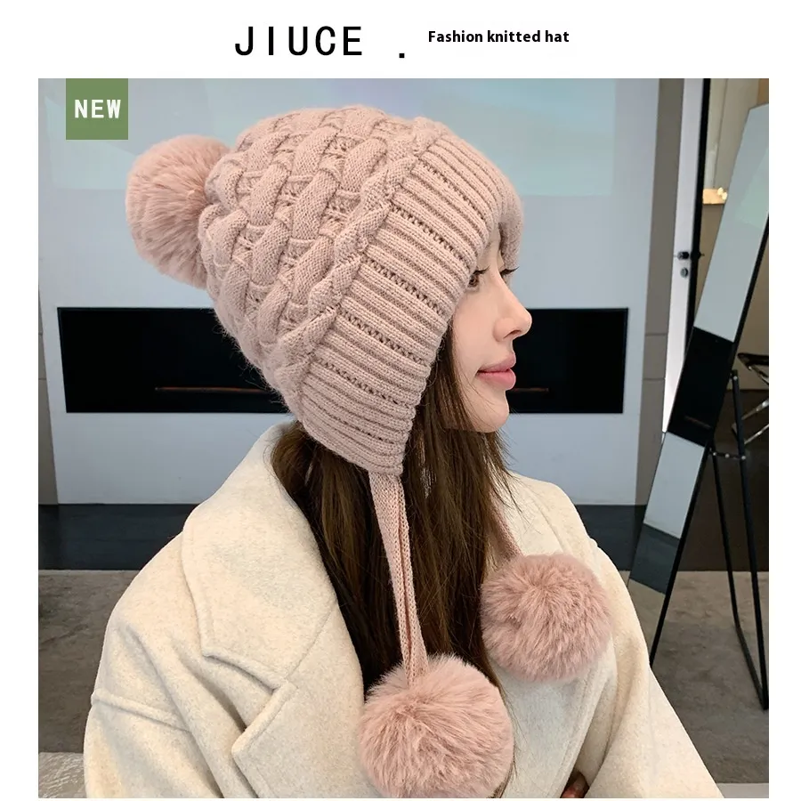 Idle Style Thick Double-layer Ear Protection Cold-proof Shuttlecock Rabbit Fur Hat - Pink