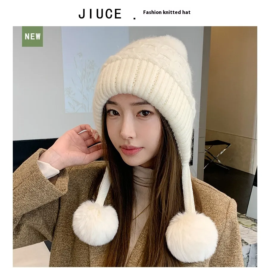 Idle Style Thick Double-layer Ear Protection Cold-proof Shuttlecock Rabbit Fur Hat - White