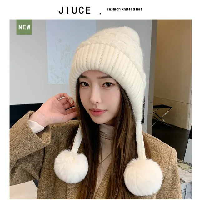 Idle Style Thick Double layer Ear Protection Cold proof Shuttlecock Rabbit Fur Hat White - Shop at LoveMi