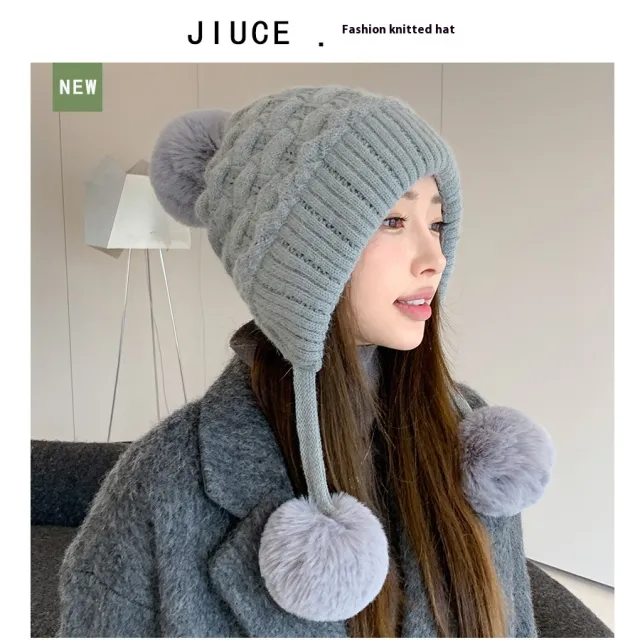 Idle Style Thick Double layer Ear Protection Cold proof Shuttlecock Rabbit Fur Hat Gray - Shop at LoveMi