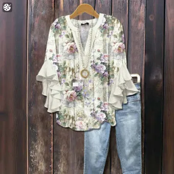 Women's Creative Printing Casual V-neck Lotus Sleeve T-shirt - Style 29-Xs