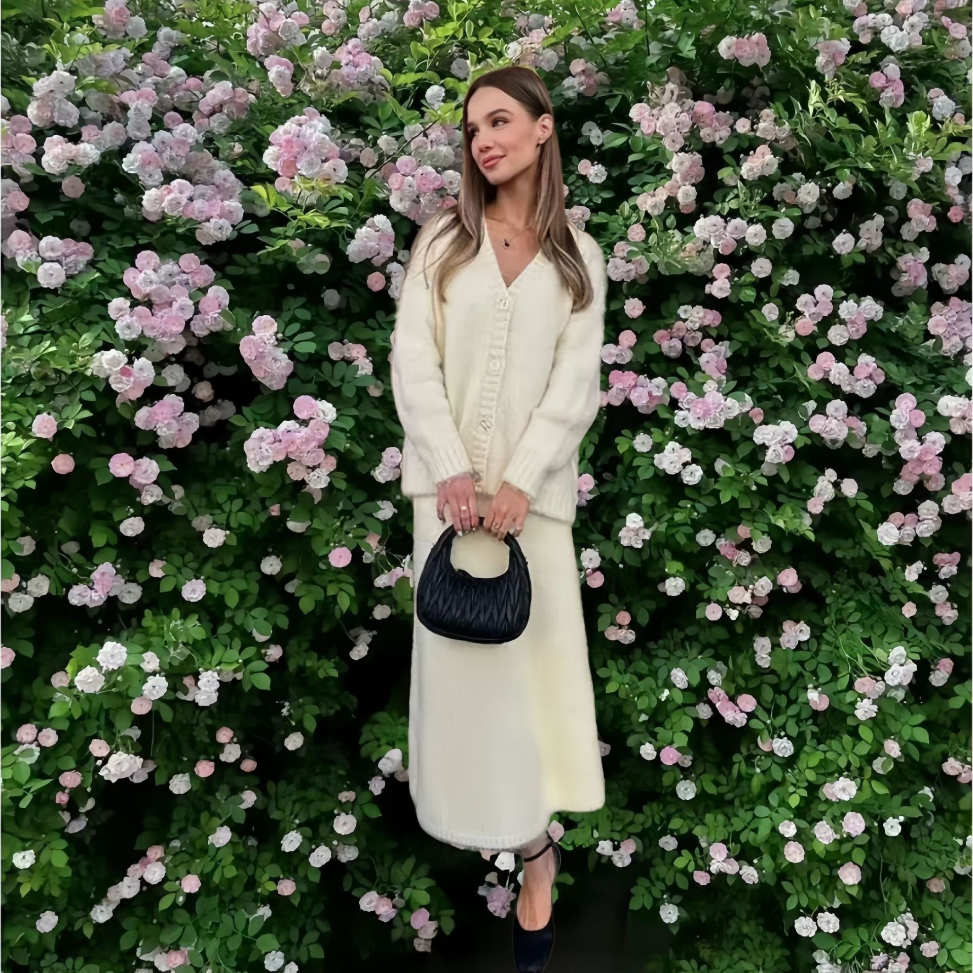 New Temperament Elegant V neck Sweater Cardigan Coat Skirt Suit White - Shop at LoveMi