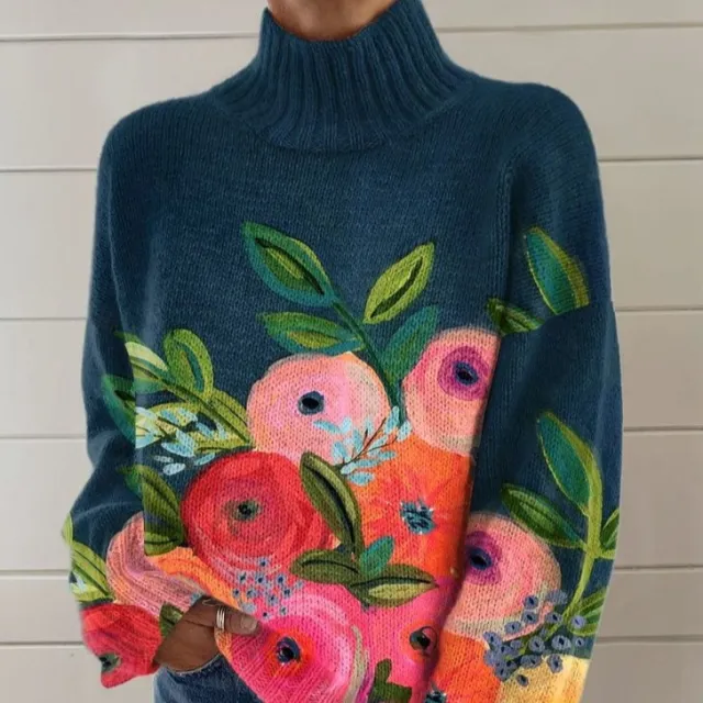 New 3D Color Matching Printed Turtleneck Long sleeved Sweater For Women Black Line E127 - Shop at LoveMi