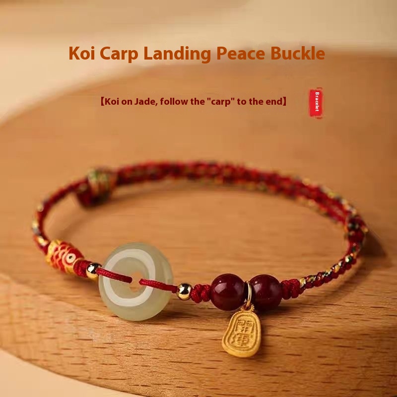 Hetian Jade Peace Buckle Colorful Red Rope Braid Bracelet
