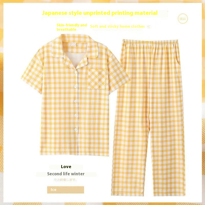 Women's Summer Cotton Short sleeved Japanese Style Plaid Loose fit Plus Size Outfit Suit Yellow - Shop at LoveMi