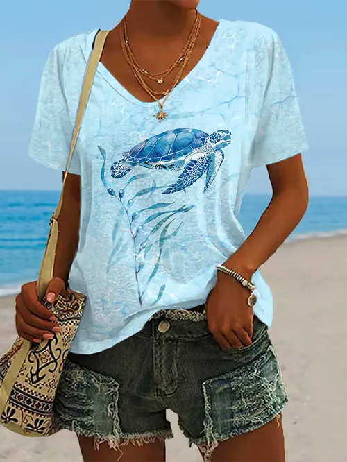 Digital Women's Printed Wear Short Sleeve V neck Hongyu - Shop at LoveMi
