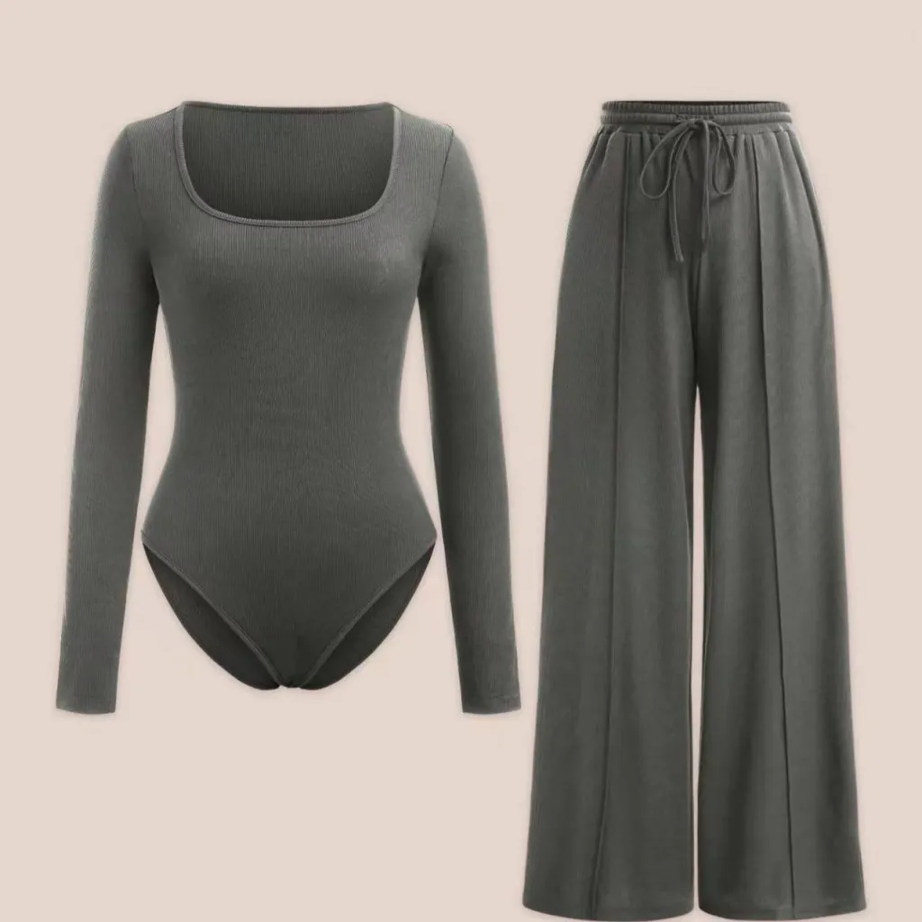 Sexy Slim Rib New Tight Square Collar Jumpsuit Trousers Suit Women - Dark Grey