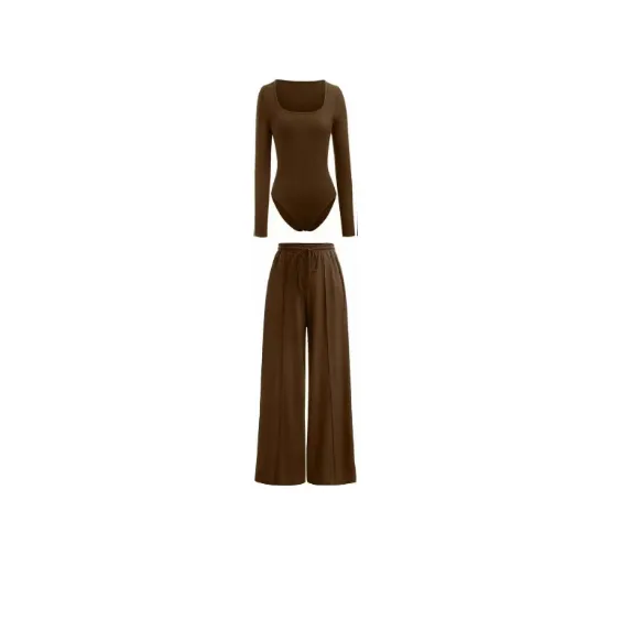 Sexy Slim Rib New Tight Square Collar Jumpsuit Trousers Suit Women Brown - Shop at LoveMi