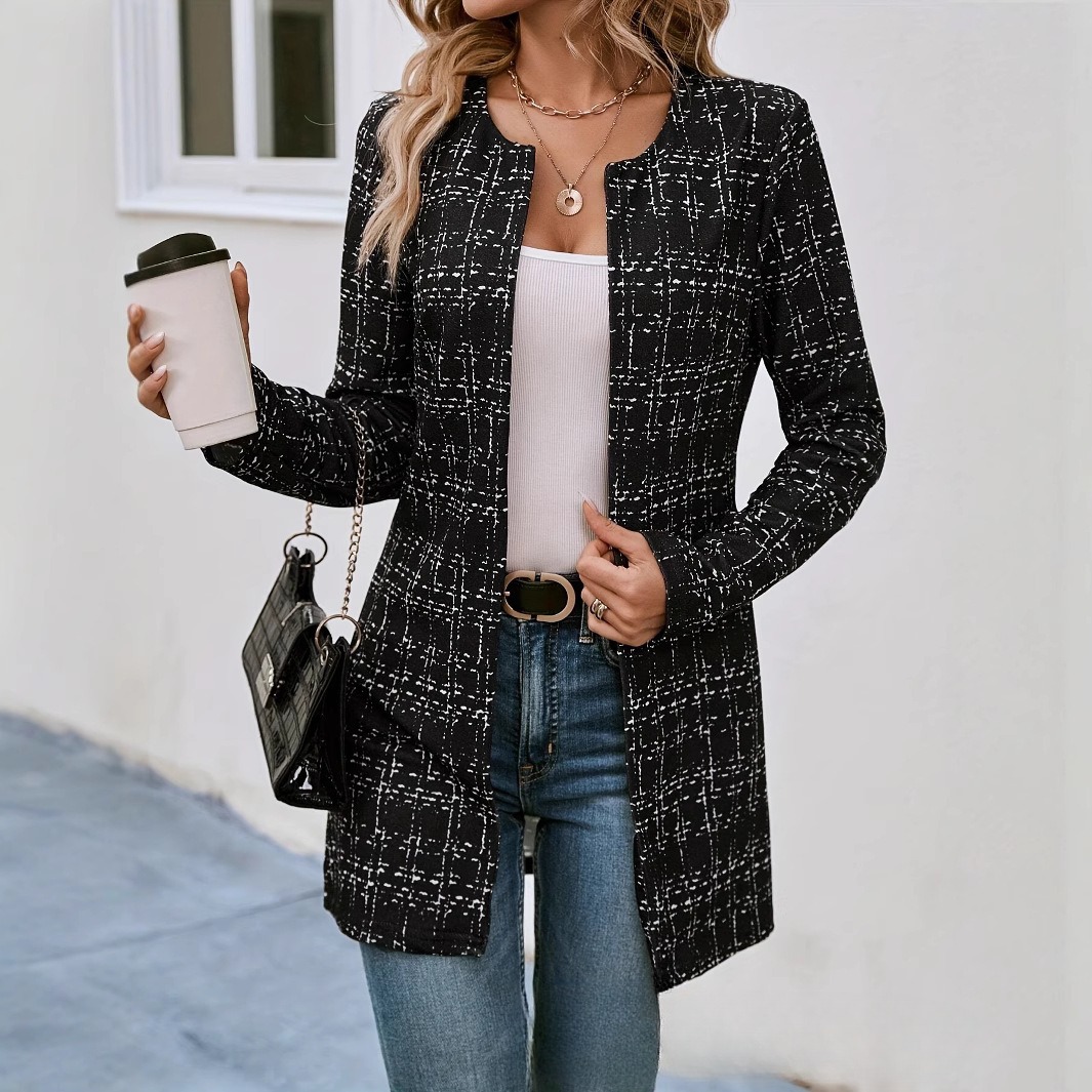 Casual Elegant Plaid Cardigan Crew Neck Coat