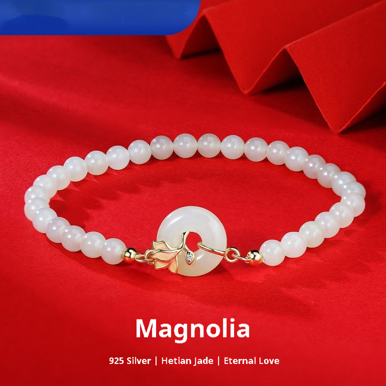 Orchid Hetian Jade S925 Sterling Silver Magnolia Round Beads Bracelet