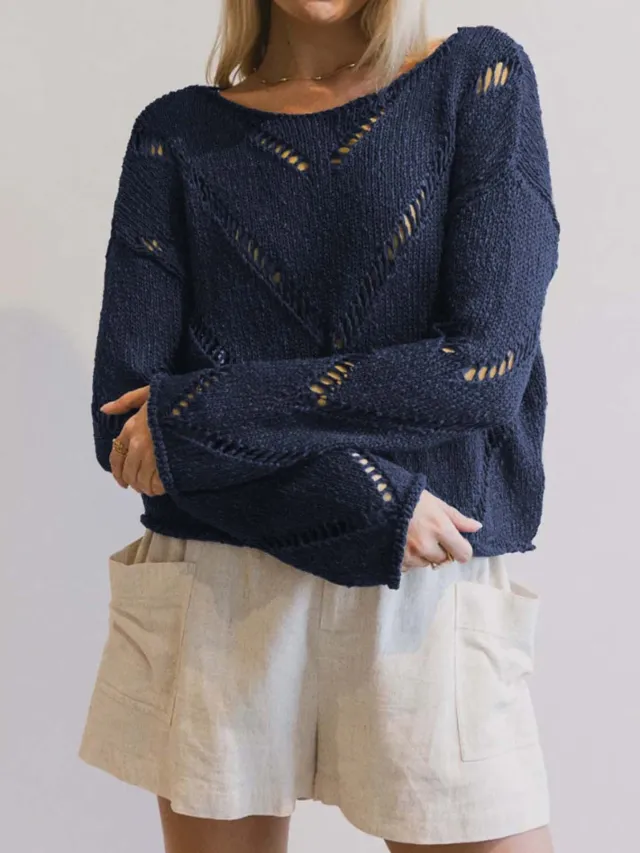 Hollow Loose Round neck Long sleeved Pullover Navy Blue - Shop at LoveMi