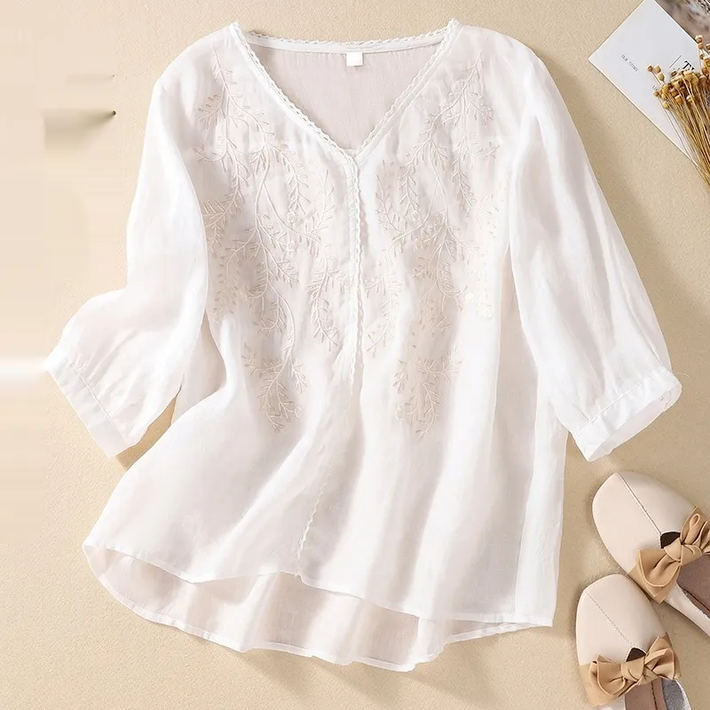 Summer Women's Linen Fashionable Casual Pants Two-piece Suit - White 2