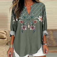 Women's Floral V-neck Linen Blend Loose Blouse - Army Green - View 1